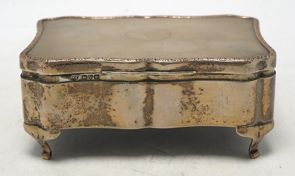 A George V silver mounted rectangular trinket box, by Colen Hewer Cheshire, Chester, 1922, 14cm. Condition - fair to poor